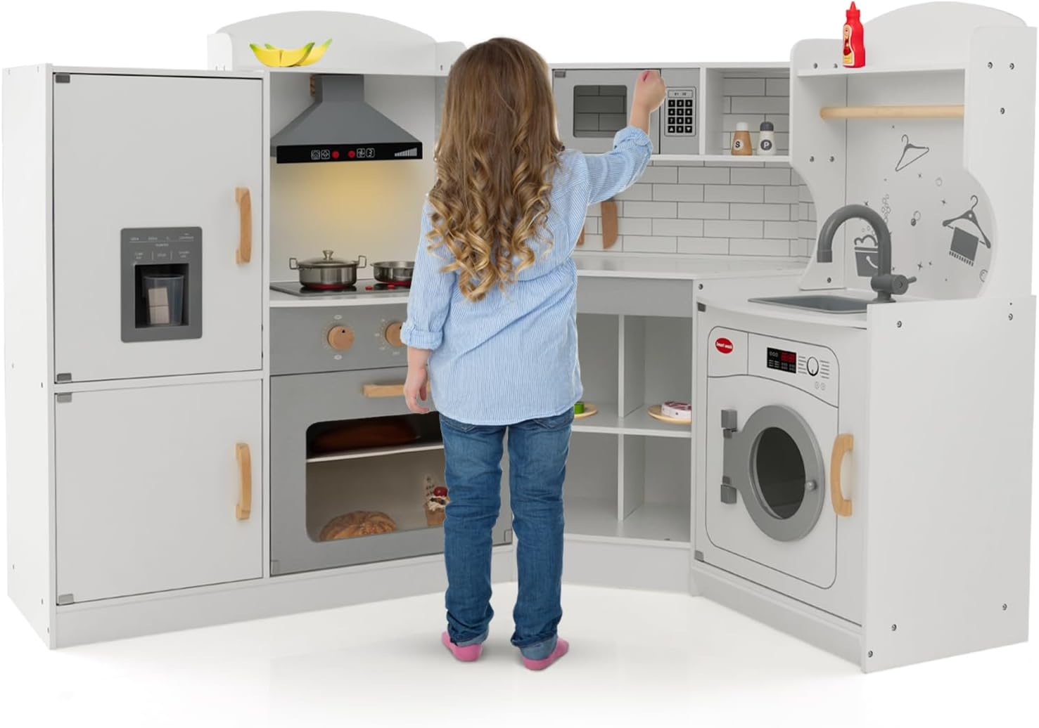 Cuisine En Bois Enfant Avec Réfrigérateur et Cuisinière Séparés, Machine à Glaçons, Évier - Jeux