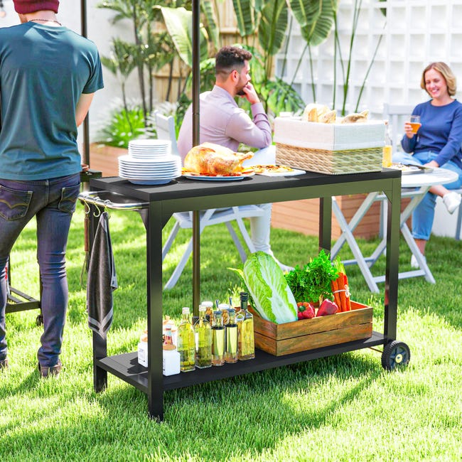 Desserte exterieur plancha à 3 niveaux, chariot barbecue jardin exterieur en rotin avec roulettes verrouillables, étagères ouvertes, 86 x 50 x 89 cm Desserte exterieur plancha à 3 niveaux, chariot barbecue jardin exterieur en rotin avec roulettes verrouillables, étagères ouvertes, 86 x 50 x 89 cm