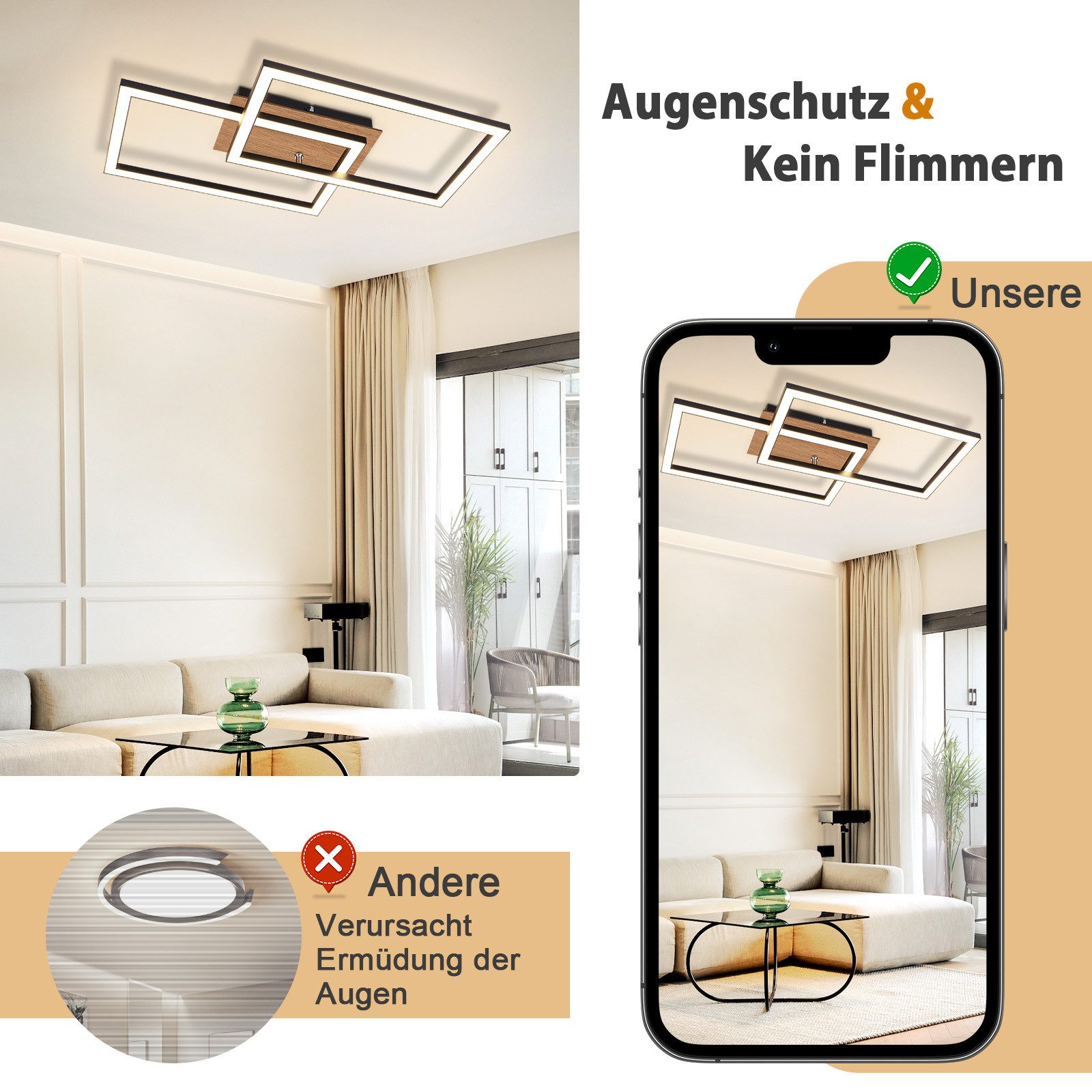 NETTLIFE Plafonnier LED Moderne Plafonnier Bois 3000K Blanc Chaud Noir Rectangle Design 24W - 6