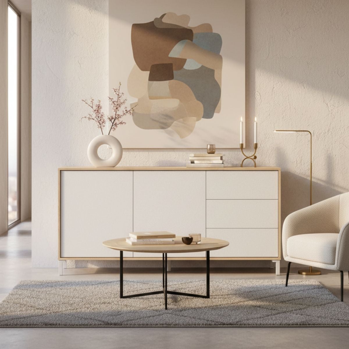 Buffet AMAYA 2 portes et 3 tiroirs L154cm - Blanc / Bois - 8