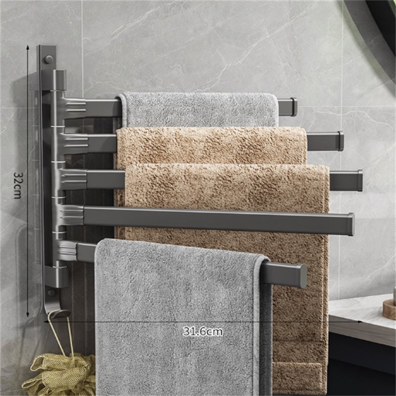 Porte-serviettes mural rotatif sans perçage en aluminium gris, 5 barres robustes 31,6×27,4 cm, design durable et fonctionnel - 6