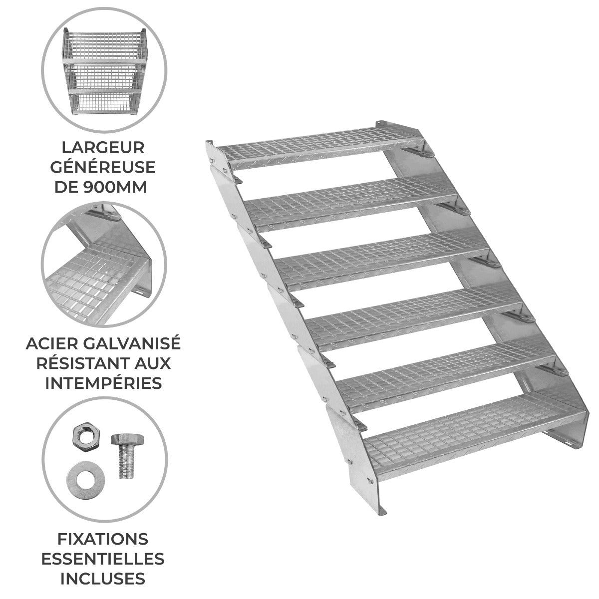 Scala in metallo a 6 elementi regolabile in altezza 90 cm / 900 mm di larghezza Acciaio zincato argento 6 gradini - 2