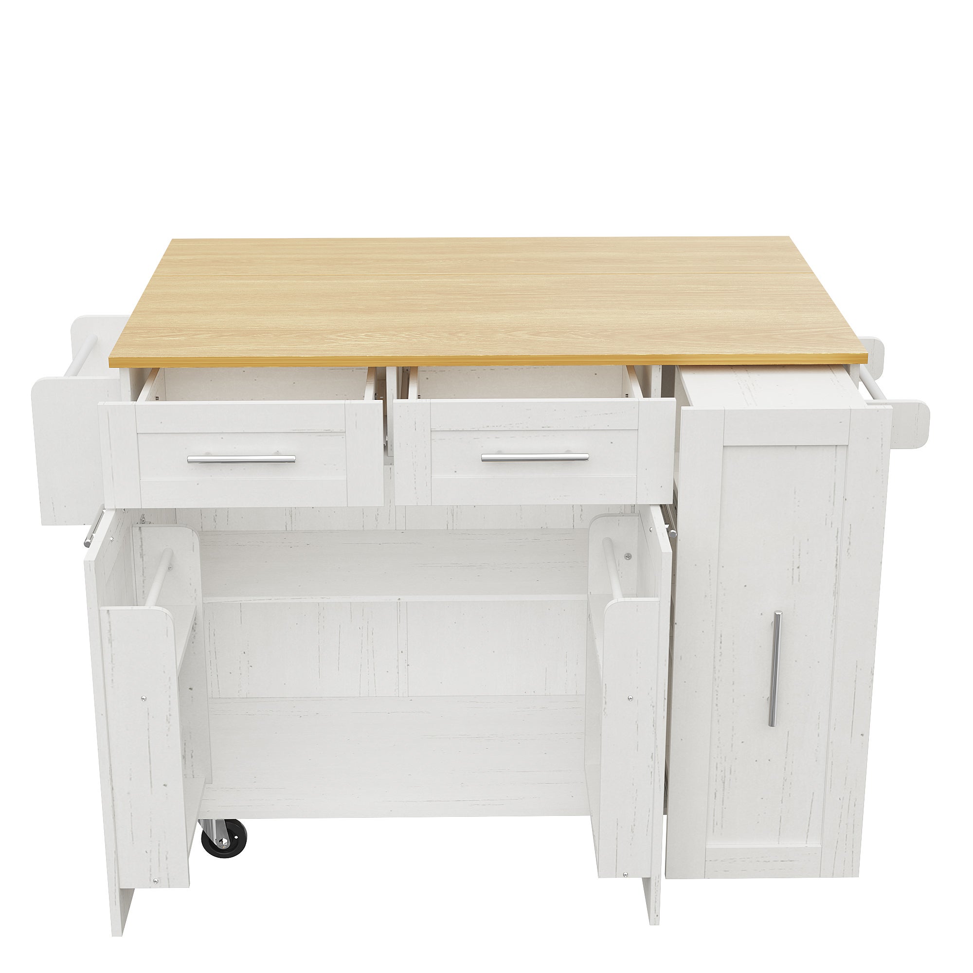 Ilot central de cuisine - chariot à roulette avec plateau escamotable - 2 tiroirs et 2 portes - Blanc - 7