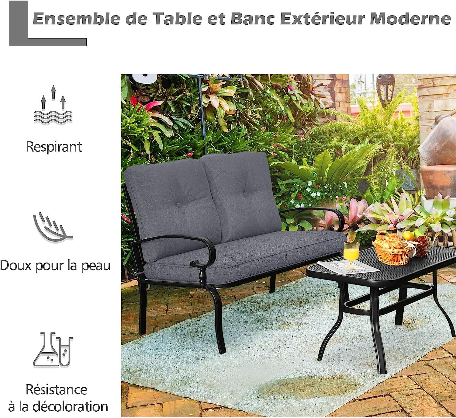 Set Giardino Esterno 2 Pezzi, Panchina da Giardino con Tavolino e Cuscini Imbottiti, Panchina 2 Posti e Tavolino da Esterno Giardino Terrazza - 2