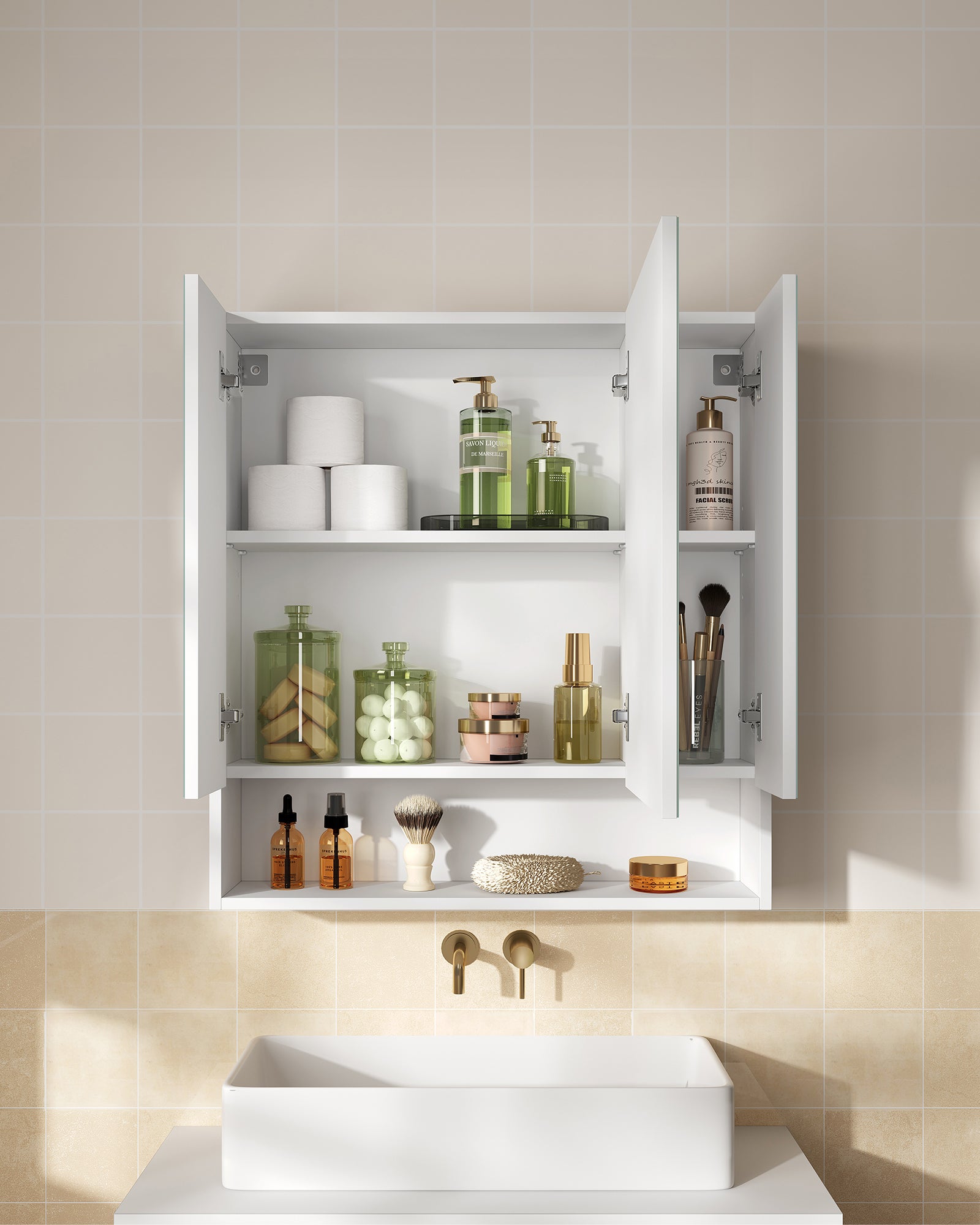 Armoire de Salle de Bain avec Portes Miroir, Armoire Murale à Miroir, Compartiment Ouvert, Étagères Réglables, 16,5 x 70 x 75 cm, Blanc Nuage - 6