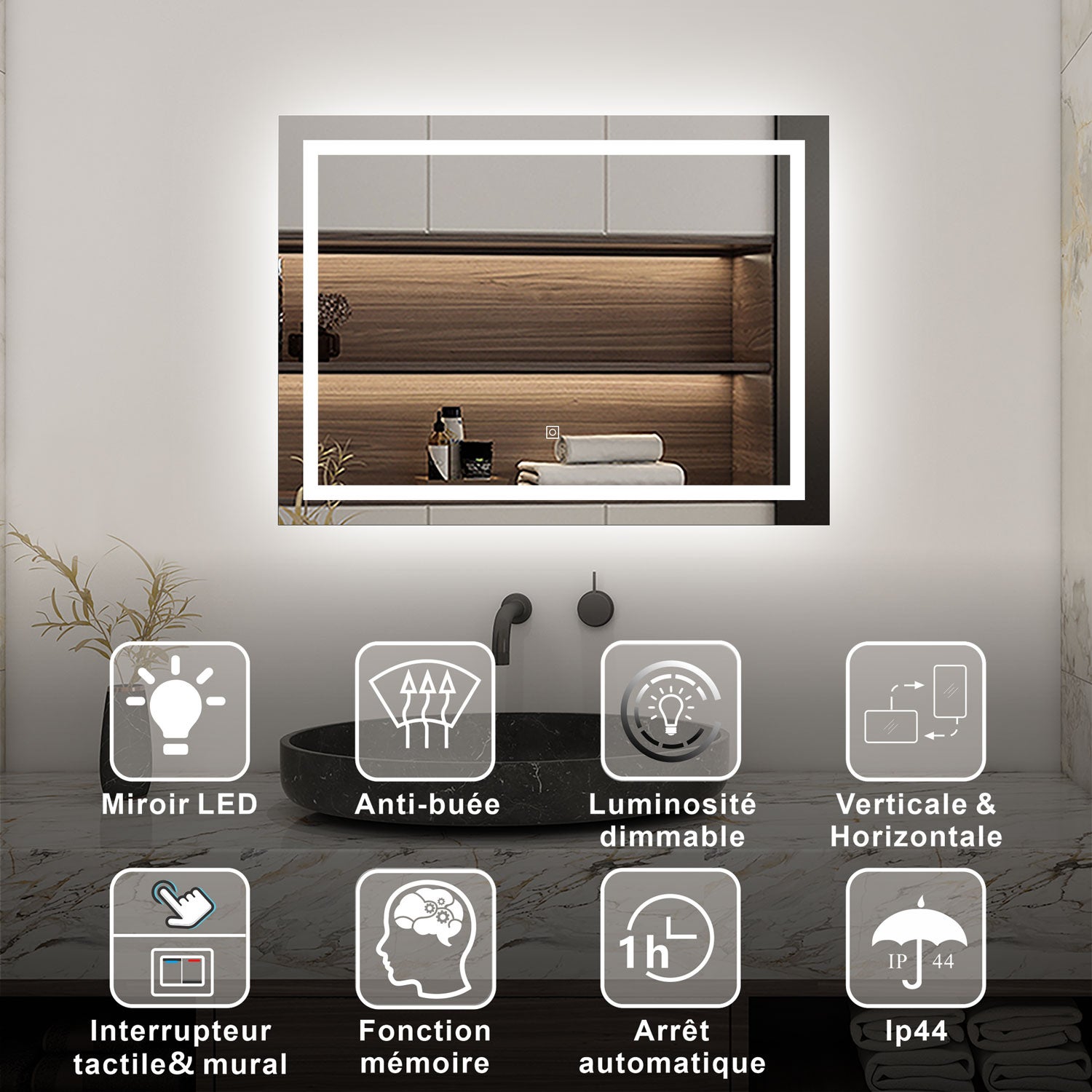 AICA Miroir lumineux 80 x 60cm anti-buée +dimmable + mémoire, miroir de salle de bain led - 2