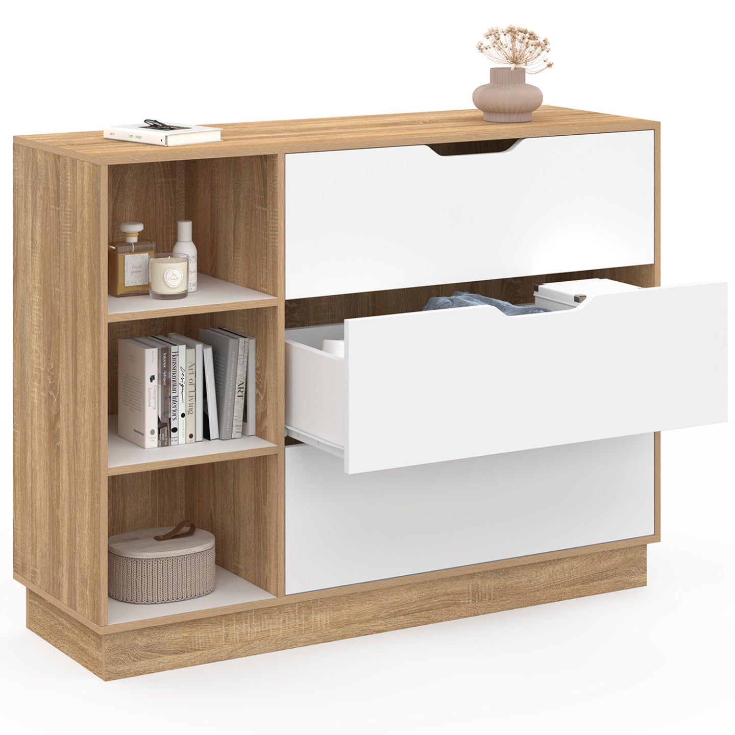 Commode 3 tiroirs et 3 niches OXANA hêtre et blanc - 4