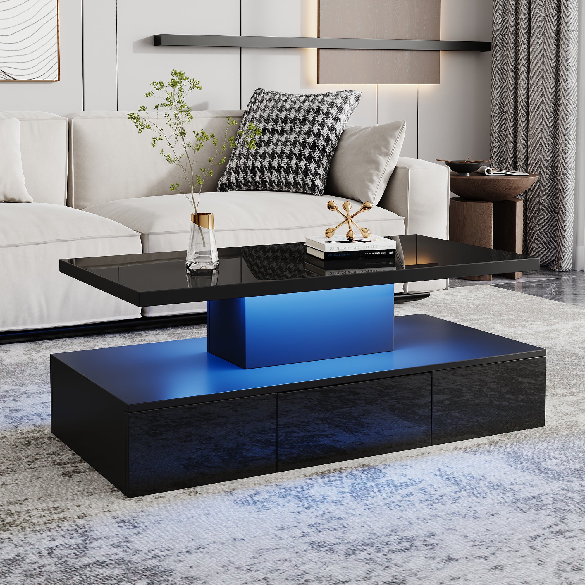 Tavolino a 2 livelli – LED multicolore, design moderno con cassetto contenitore e ripiano aperto – Nero - 3