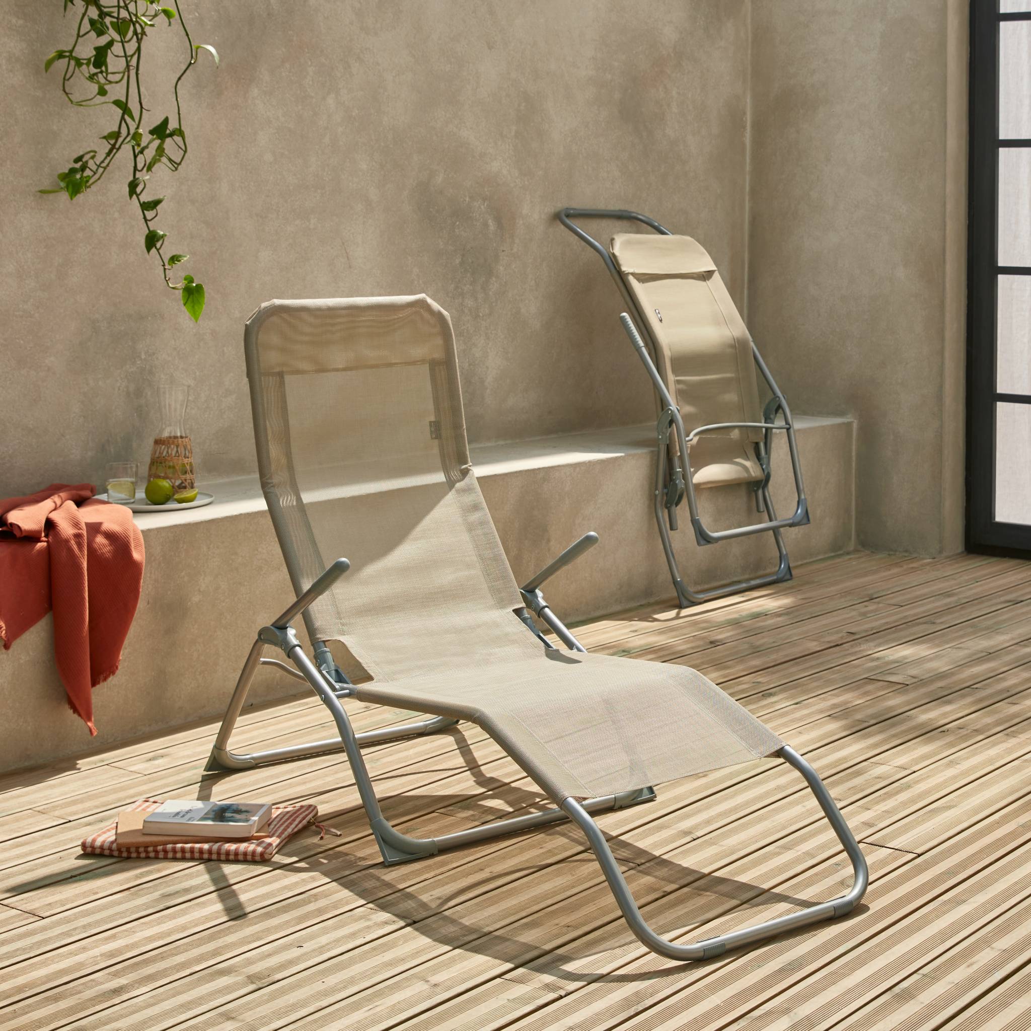Tumbona plegable de textileno con 2 posiciones, set de 2 Pardo - 70x165x60 cm - 3