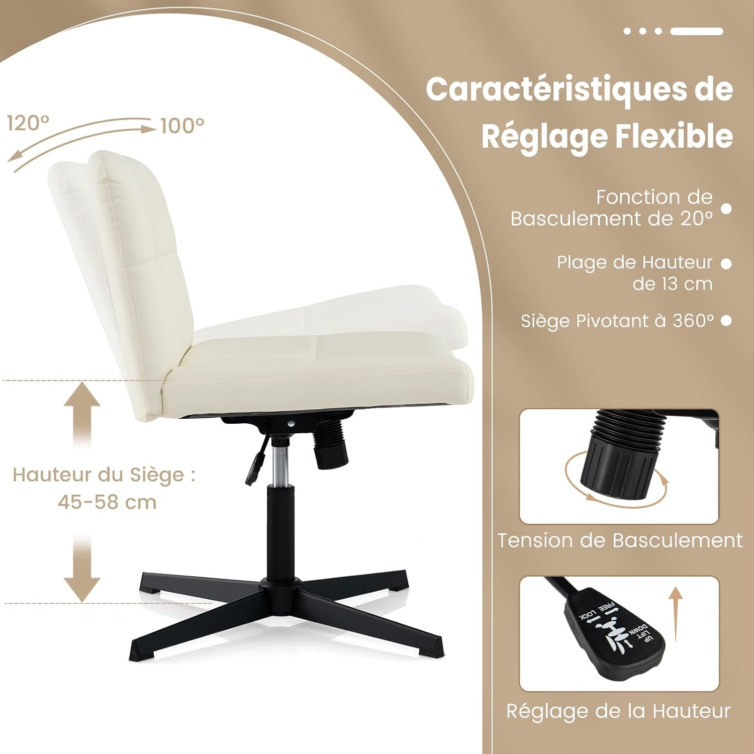 Sedia da Ufficio a Gambe Incrociate, Sedia Scrivania con Seduta a U Spaziosa, Sedia Girevole per Casa e Ufficio, senza Ruote e Braccioli, Alte - 8