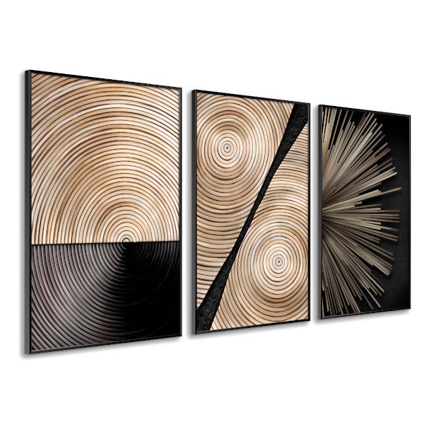 DekoArte - Cuadros decoracion salon modernos FORMAS GEOMETRICAS MADERA 50x70 cm x3 piezas - Cuadros con marco color negro incluido