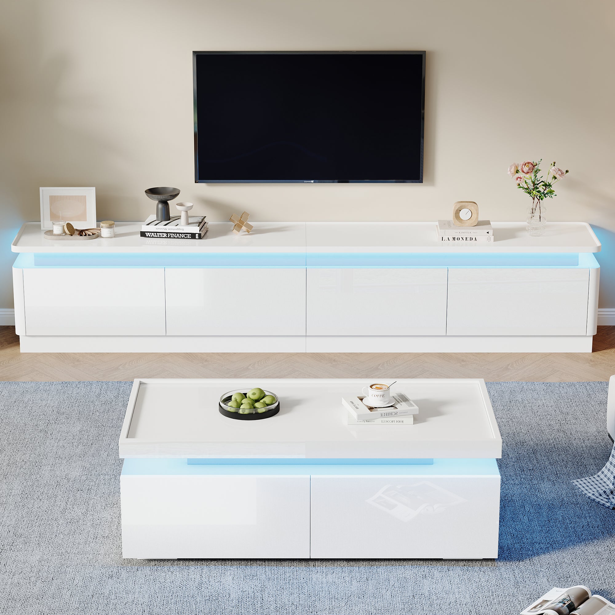 Zestaw stolik pod TV + stolik kawowy - 180 x 34 x 40 cm + 95 x 45 x 35 cm - Diody LED - Płyta wiórowa - Biały