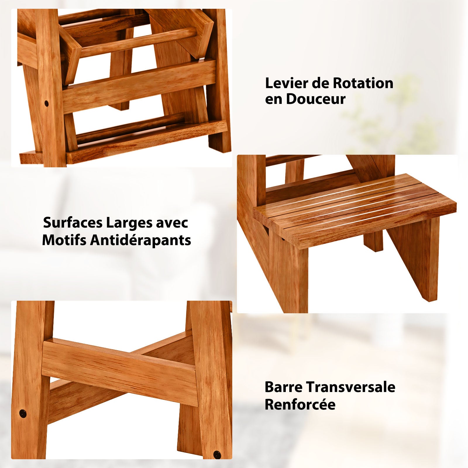 Escabeau à 3 Marches Pliable, Marche Pied en Bois d'Hévéa, 3 en 1 Tabouret Pliante avec Poignée, Patins Antidérapant,Charge 270 kg, Chêne Foncé - 6