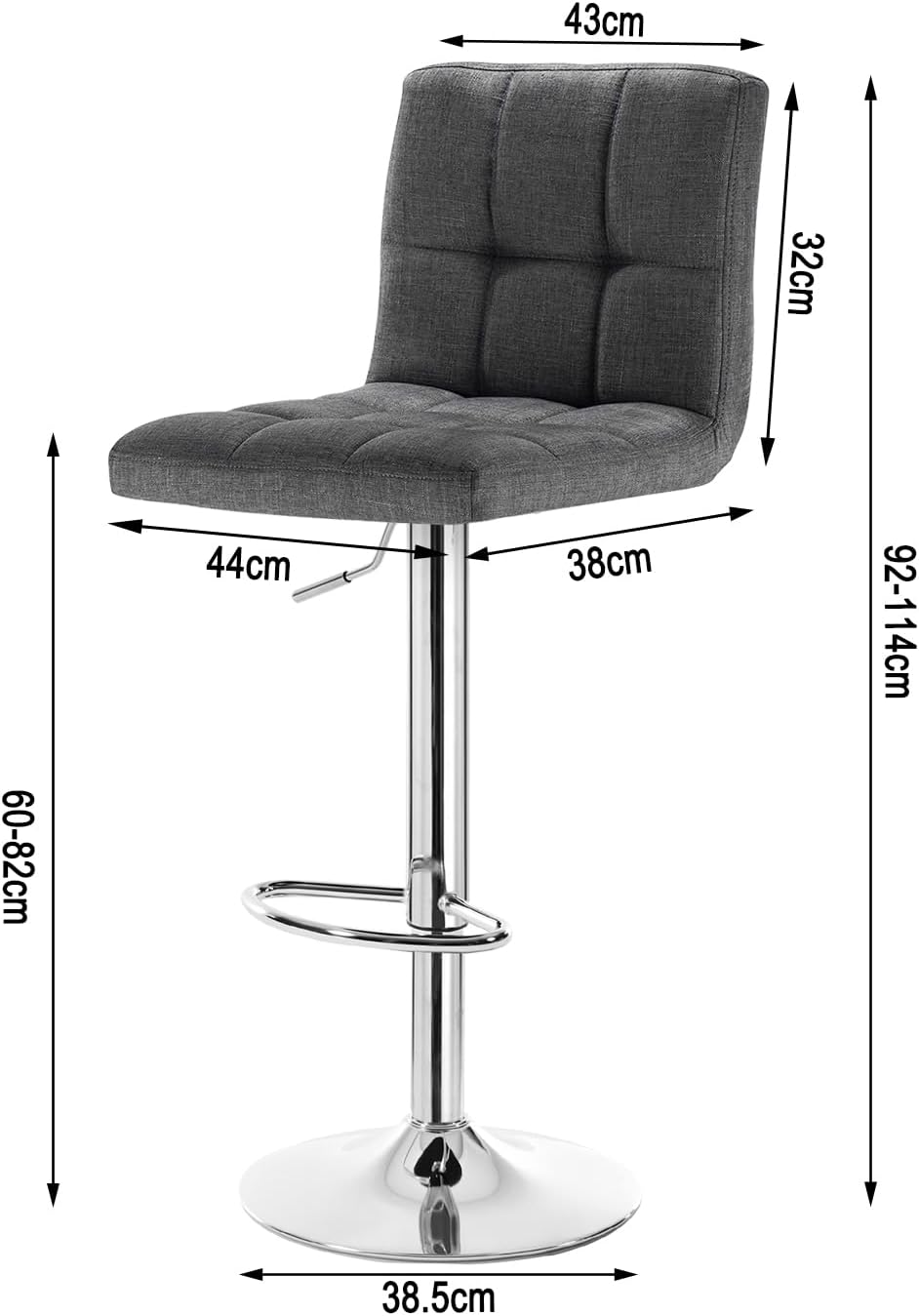 Lot de 2 Tabouret de bar WOLTU en lin, Siège bien rembourré, Tabouret pivotant, ajustable en hauteur, Gris foncé - 4
