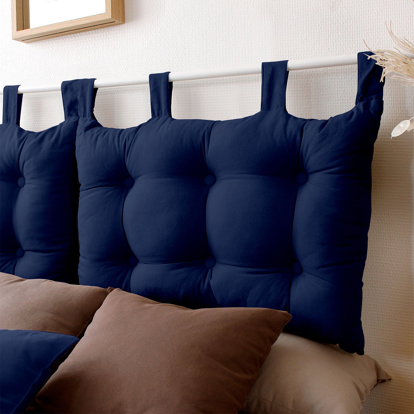 Coussin tête de lit en coton et pattes boutonnées - Bleu Marine - 70x45 cm - Coton - 3
