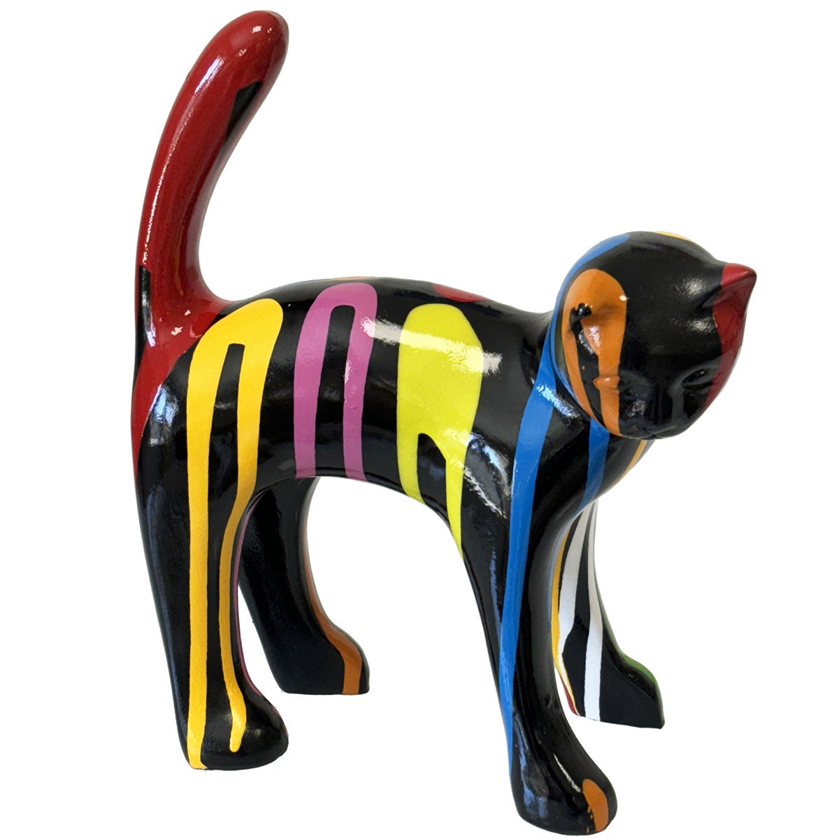 Statue Chat En Céramique - Noir Et Multicolore - Hauteur 25 Cm - Neuve