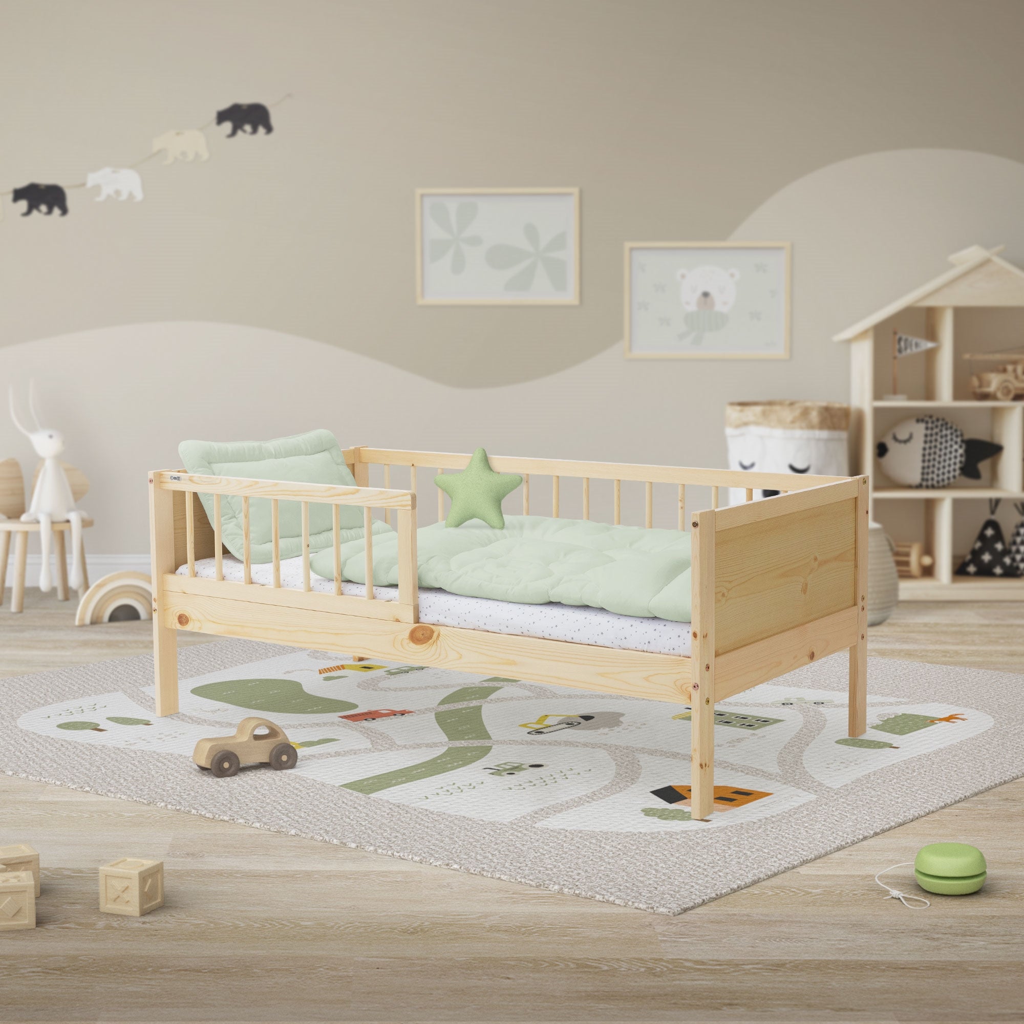 ML-Design łóżko dziecięce 70x140 cm biały z materacem barierką ochronną i listwowym stelażem lite drewno sosnowe dla chłopców i dziewczynek