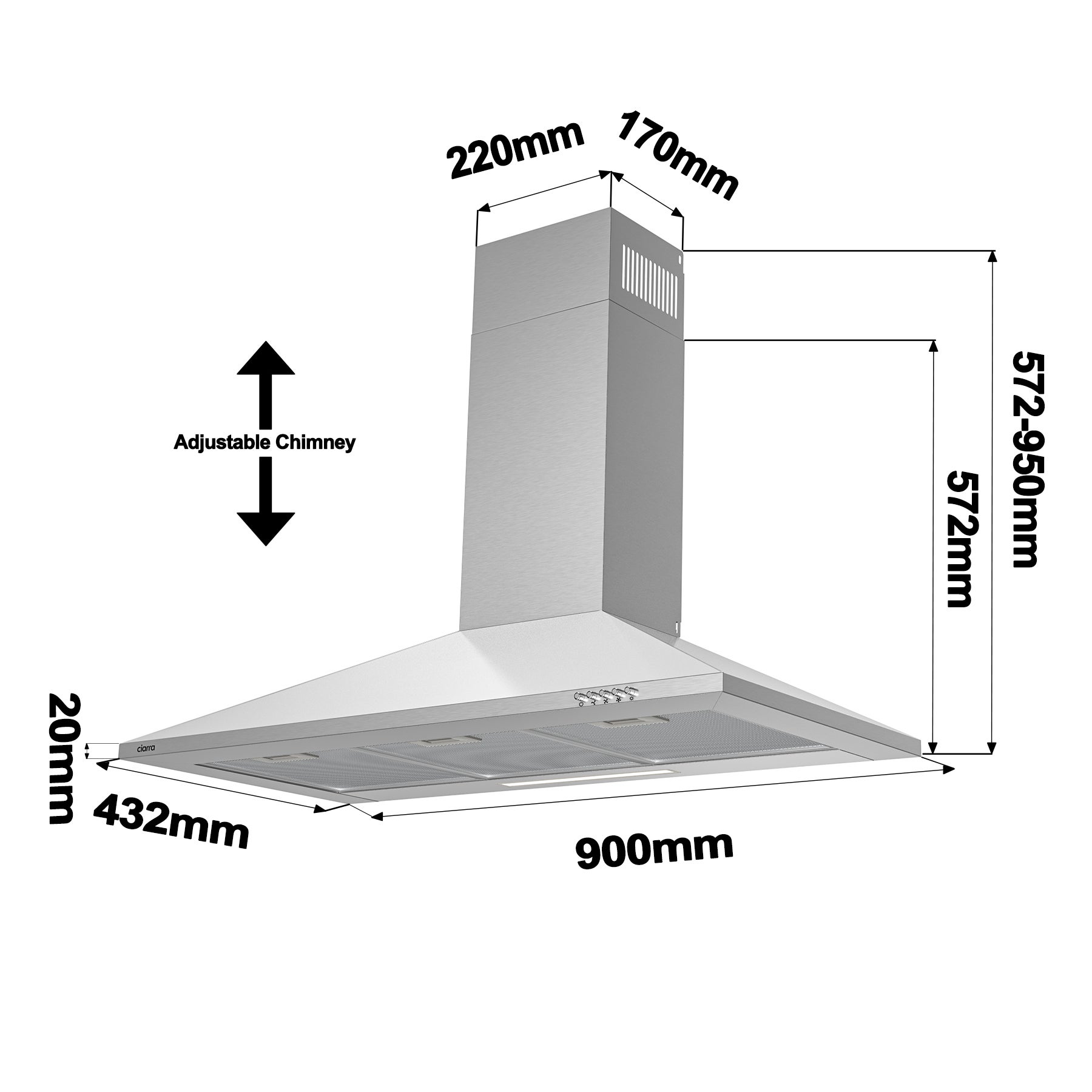 CIARRA Campana extractora 90 cm 370 m³/h A++ 3 Velocidades con Filtros de Carbón Extracción o Recirculación Inox 201SS90 - 9