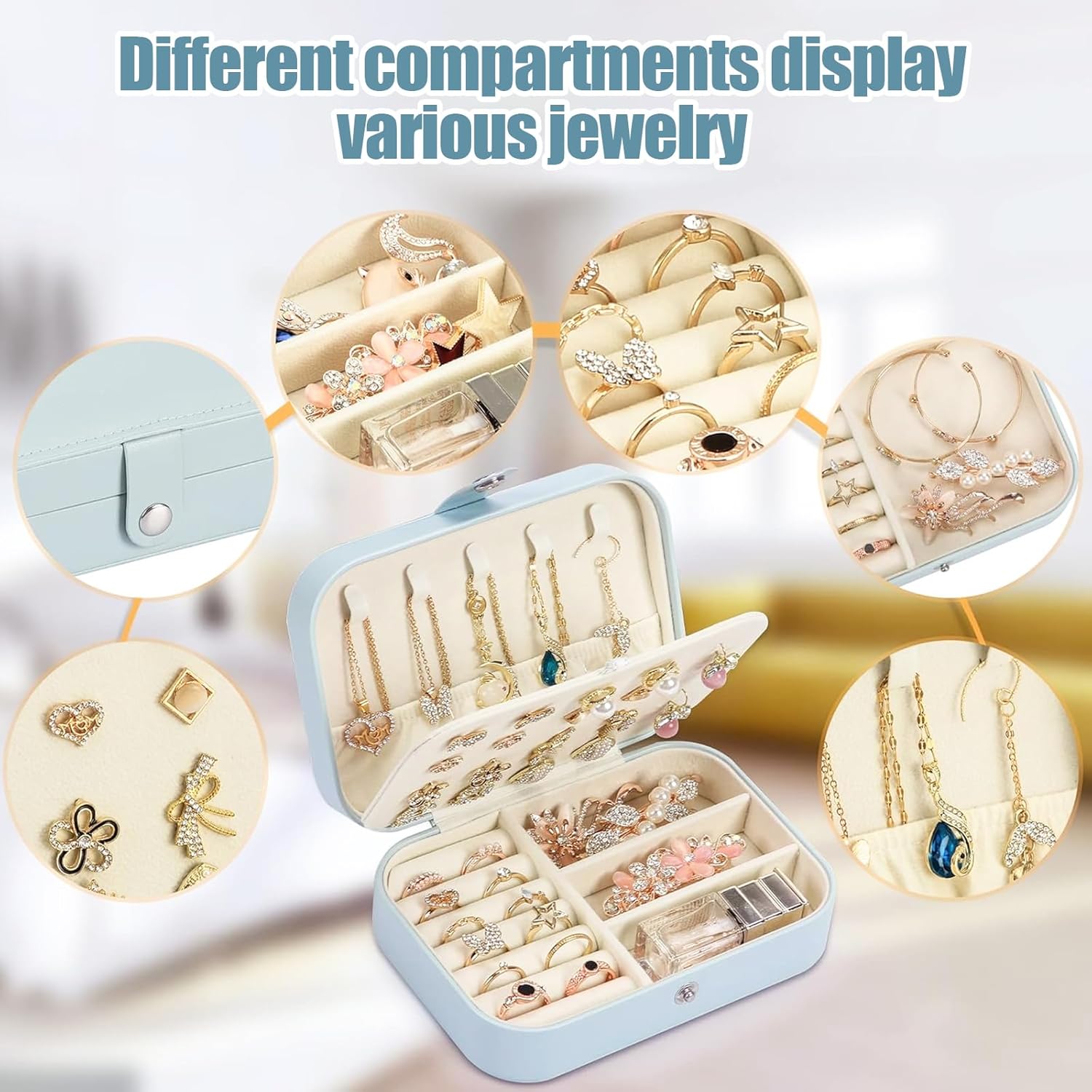 (Bleu) Boite a Bijoux, Rangement Bijoux Portable, Boite a Bijoux Cuir, Coffret à Bijoux 16x11x5cm, Boite a Bijoux Voyage pour Rangez Boucles d'o - 4