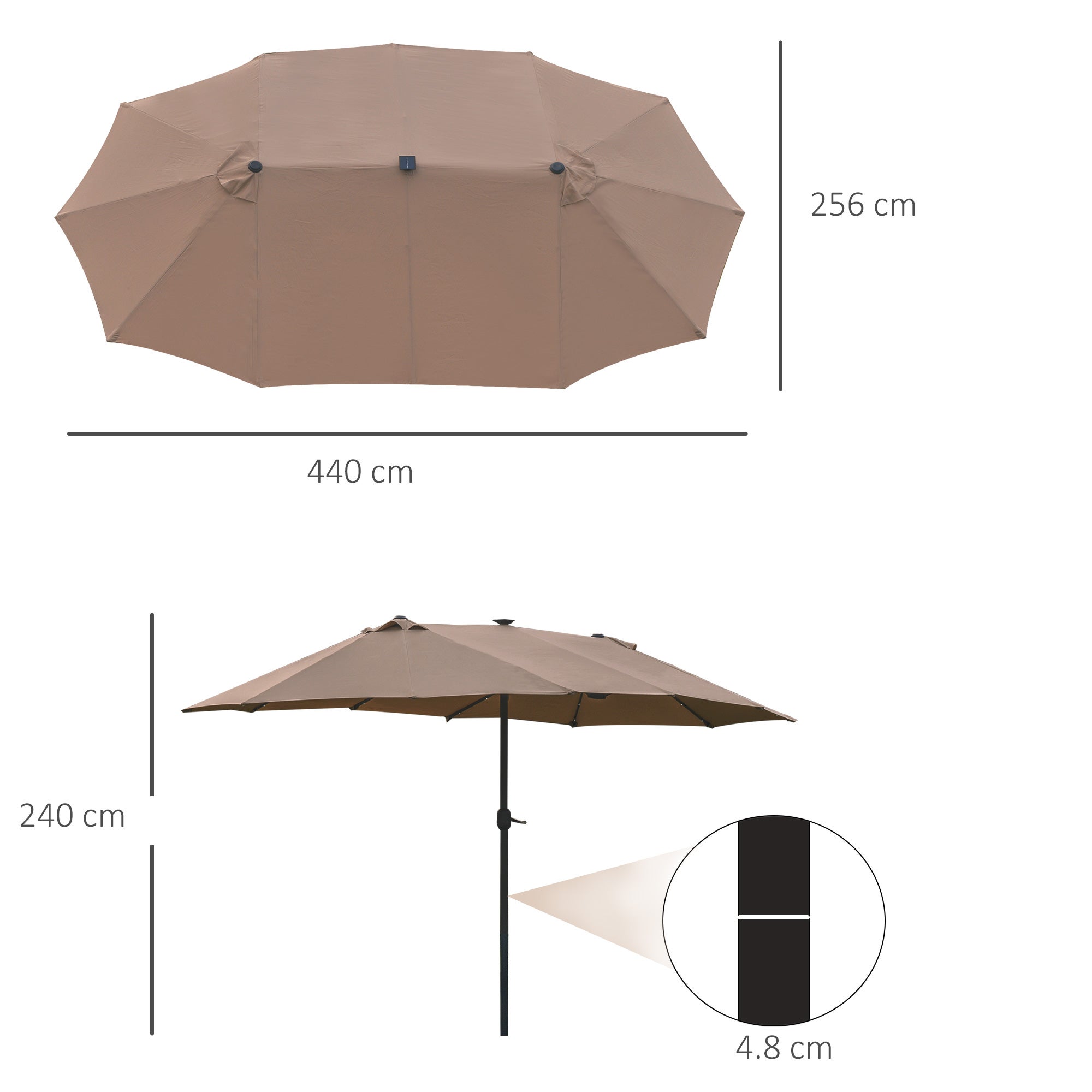 Parasol avec LED double parasol 440 x 260 cm parasol de jardin parasol de terrasse grand ovale avec manivelle et structure en métal en kaki - 3