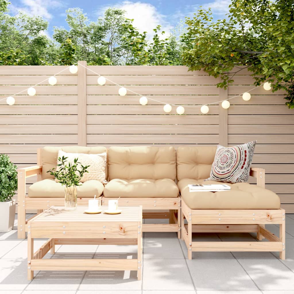 Salon De Jardin 5 Pièces En Bois De Pin Massif - Canapés, Repose-pieds, Coussins Crème - Extérieur - 7