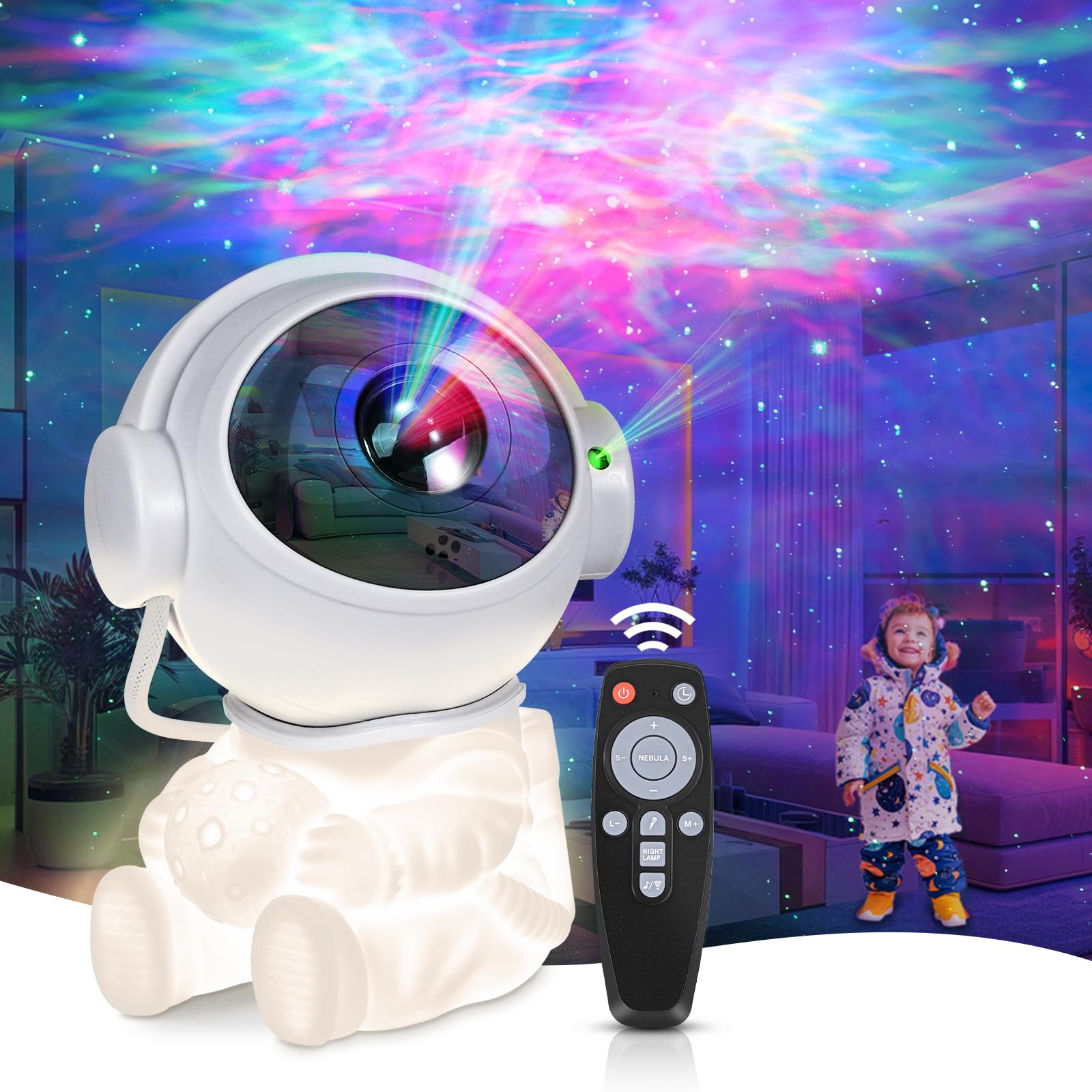 Proyector de galaxia con astronauta, proyector de estrellas, luz nocturna con lámpara lunar y temporizador para navidad