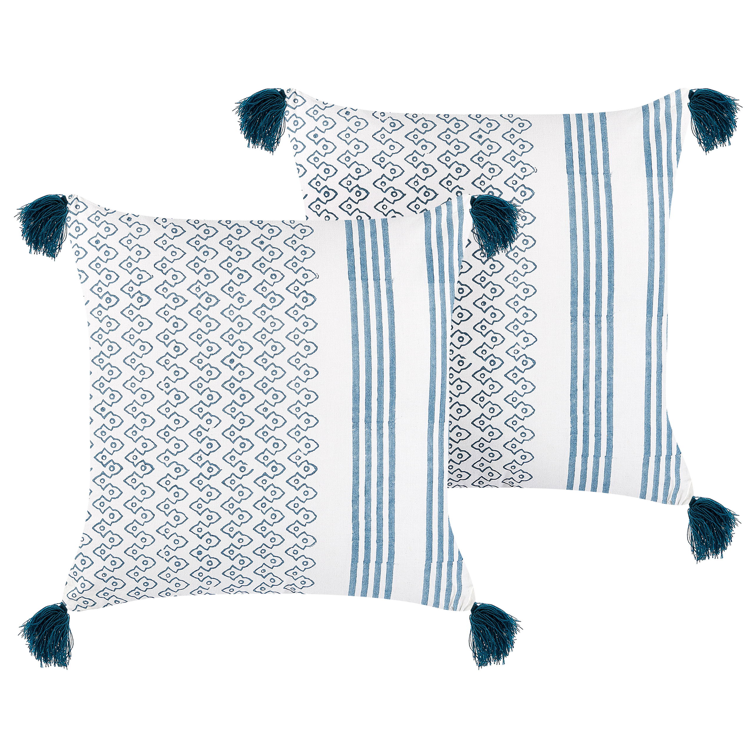 Beliani conjunto de 2 cojines de algodón blanco/azul oscuro 45 x 45 cm tilia