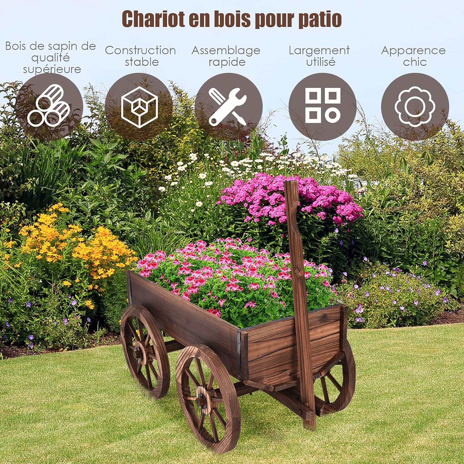 Jardinière en Bois de Sapin Brûlé 120 x 43 x 53 CM, Forme Brouette avec Poignée Reglable & 4 Roues & Trou de Drainage, Charge 50kg - 6