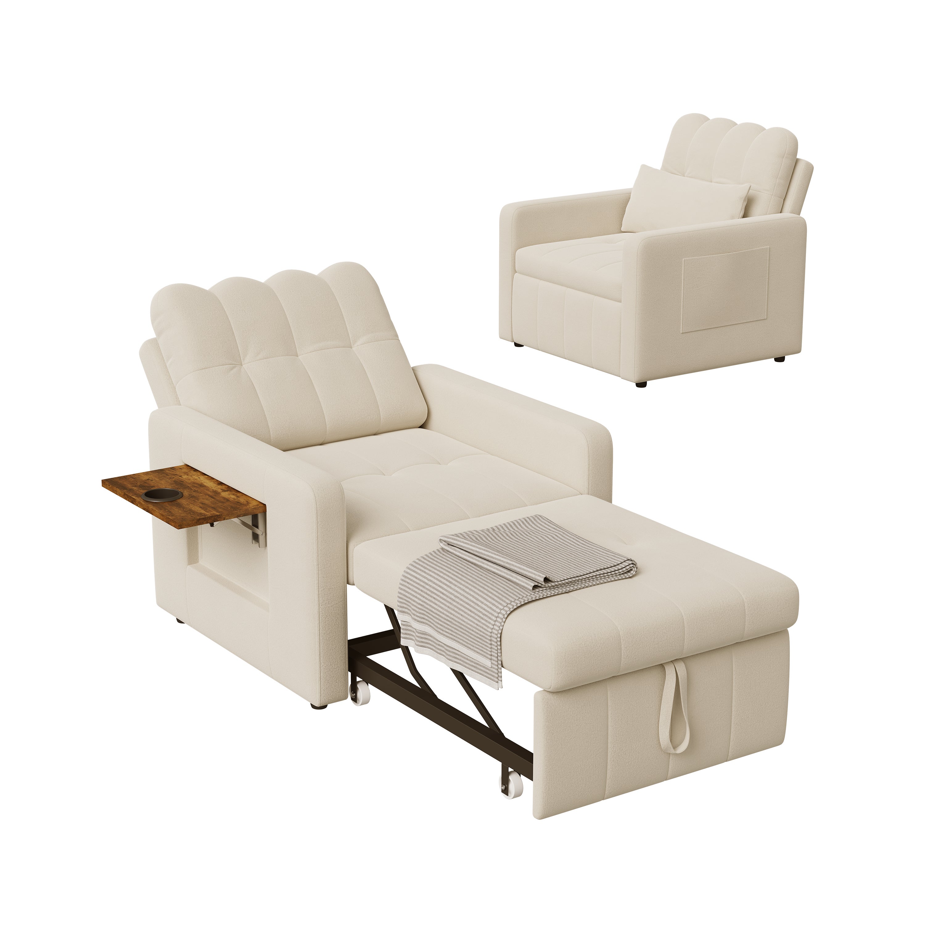Canapé-lit 1 place pliant - fauteuil - dossier réglable, avec table d'appoint rabattable et poches latérales, tissu chenille - beige - 8