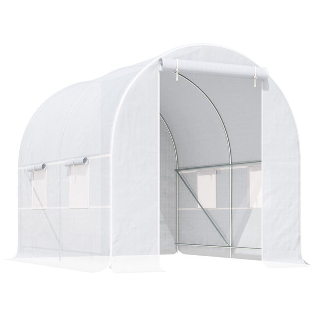 Serre tunnel de jardin - Outsunny - 5m² 245x200x200 cm - porte 4 fenêtres - cadre en métal, bâche PE haute densité 140 g/m² - blanc