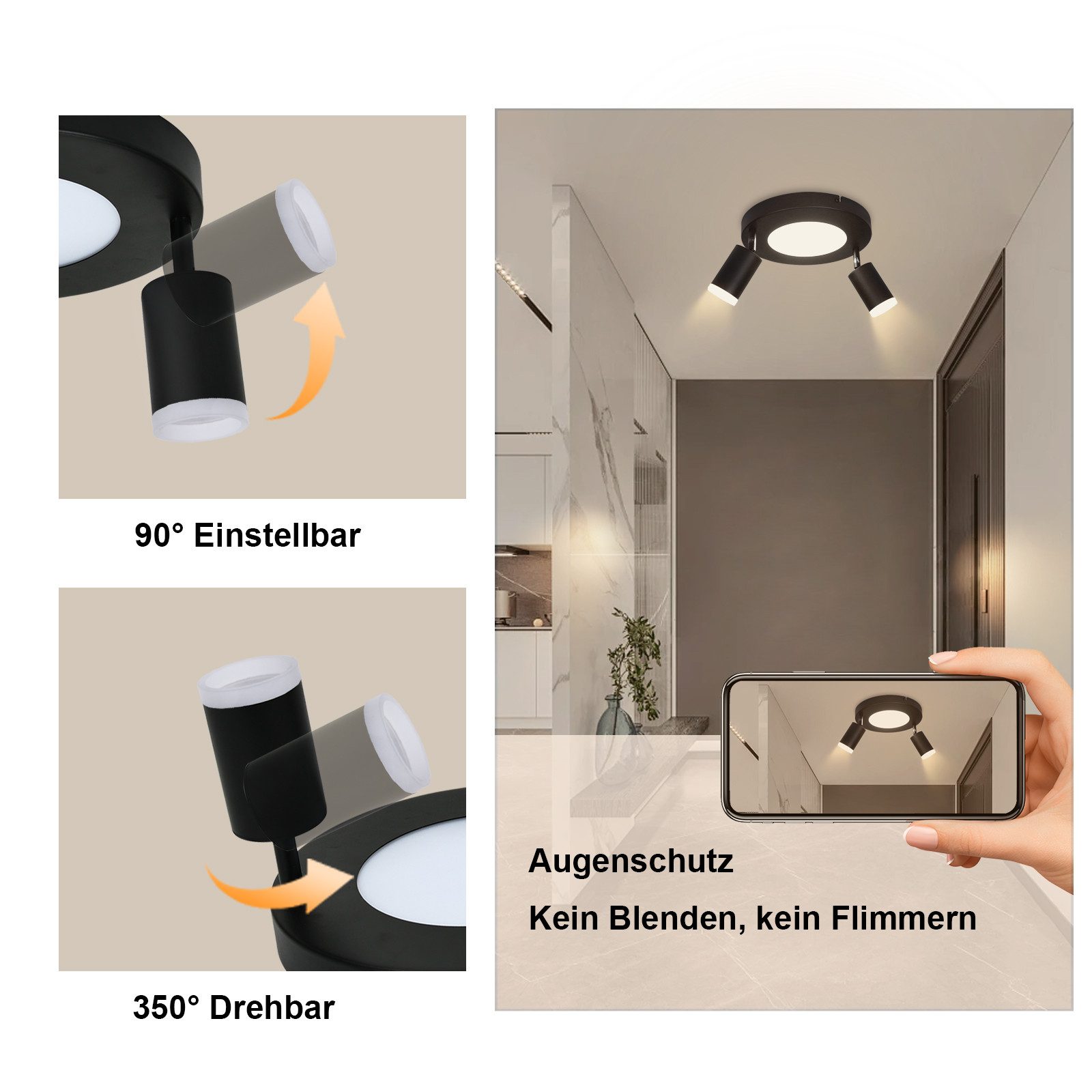 NETTLIFE Spot de plafond 2 ampoules noir 3000K protection des yeux installation facile orientable 350° GU10 - 2