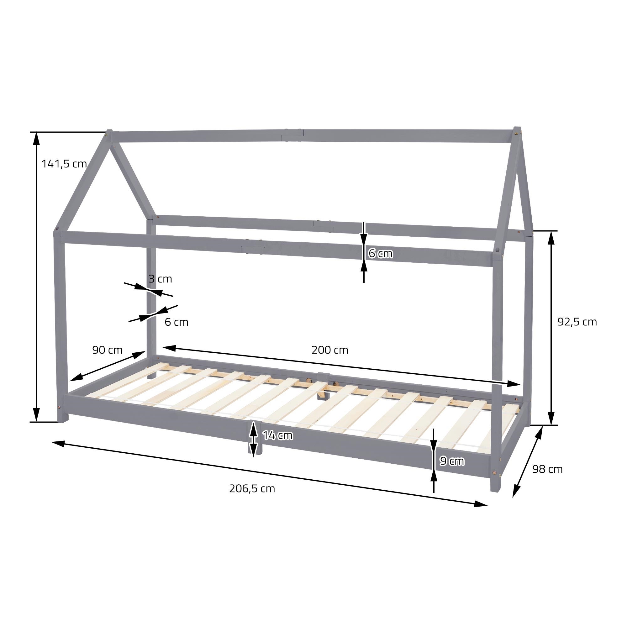 Lit cabane enfant 90x200 cm gris clair bois de pin massif avec matelas H16cm, toit et sommier à lattes, couchage au sol maisonnette - 9