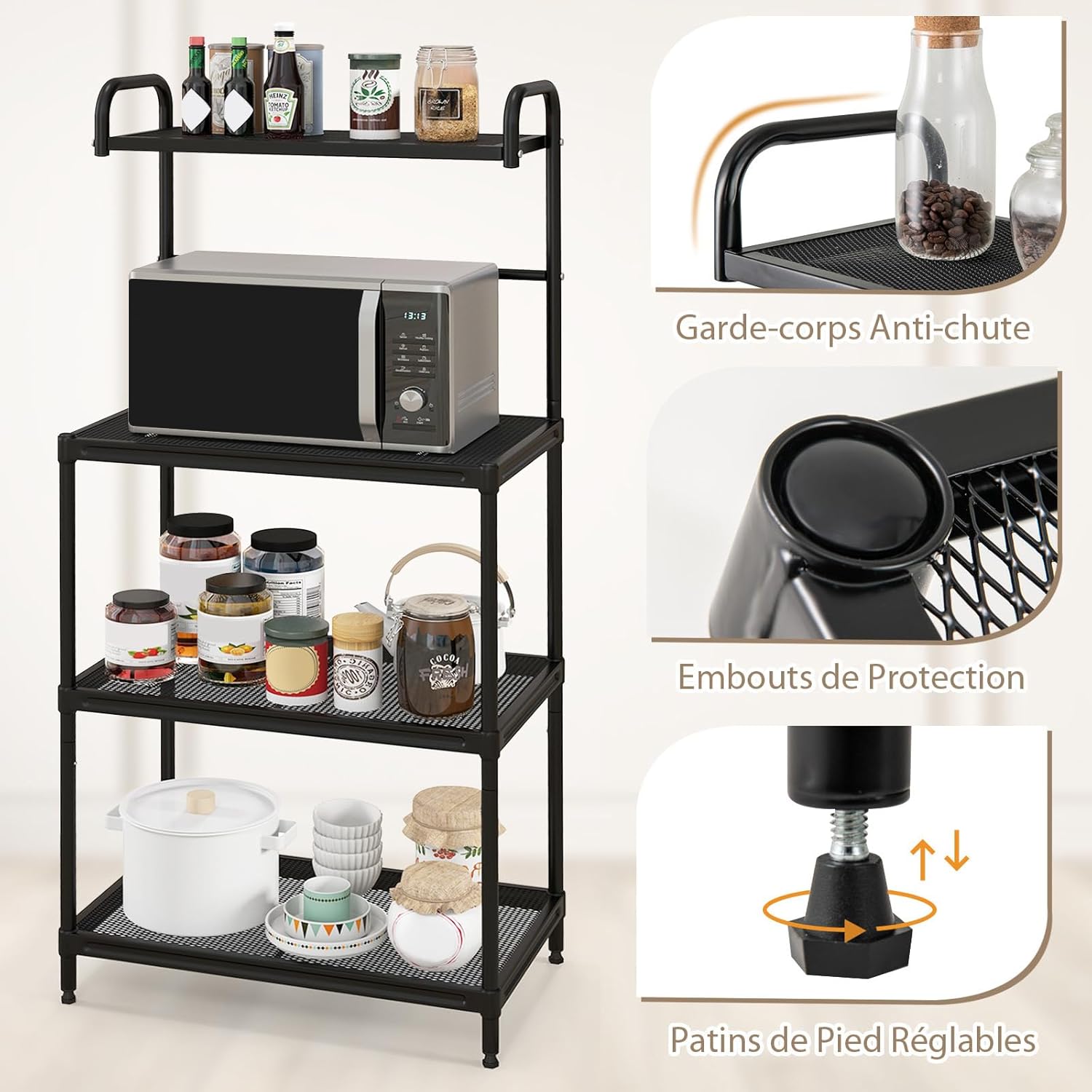 Étagère de Cuisine sur Pieds en Fer, Support de Rangement pour Four à Micro-Ondes de 4 Couches en Maille, Rack de Cuisine Métalliques (Noir) - 5