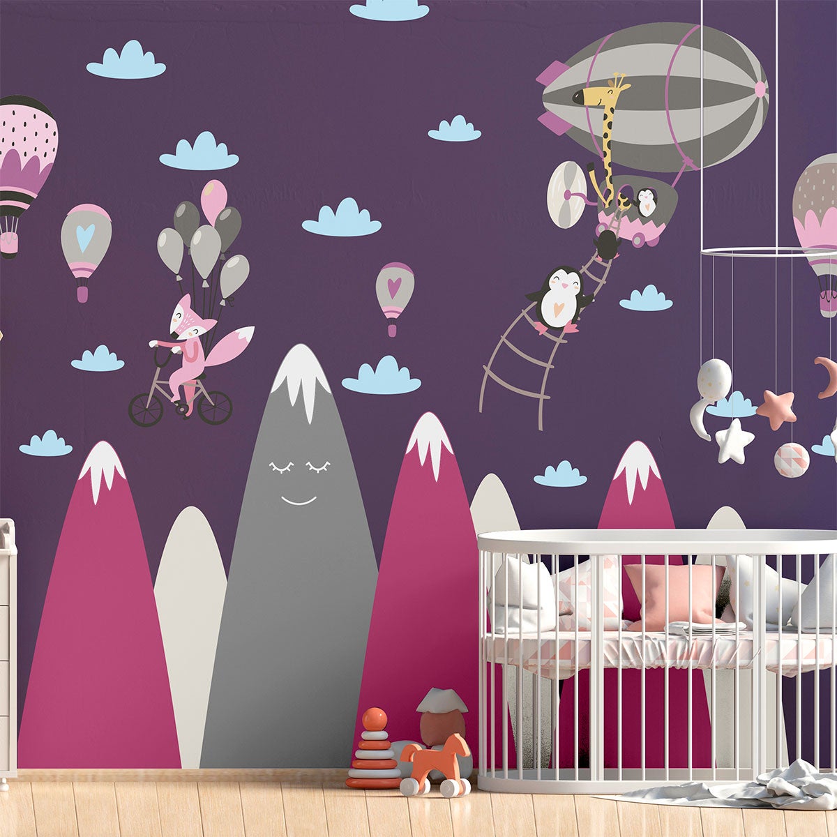 Vinilo niño escandinavo de montaña animales feliz - adhesivo de pared - revestimiento sticker mural decorativo - 90x135cm
