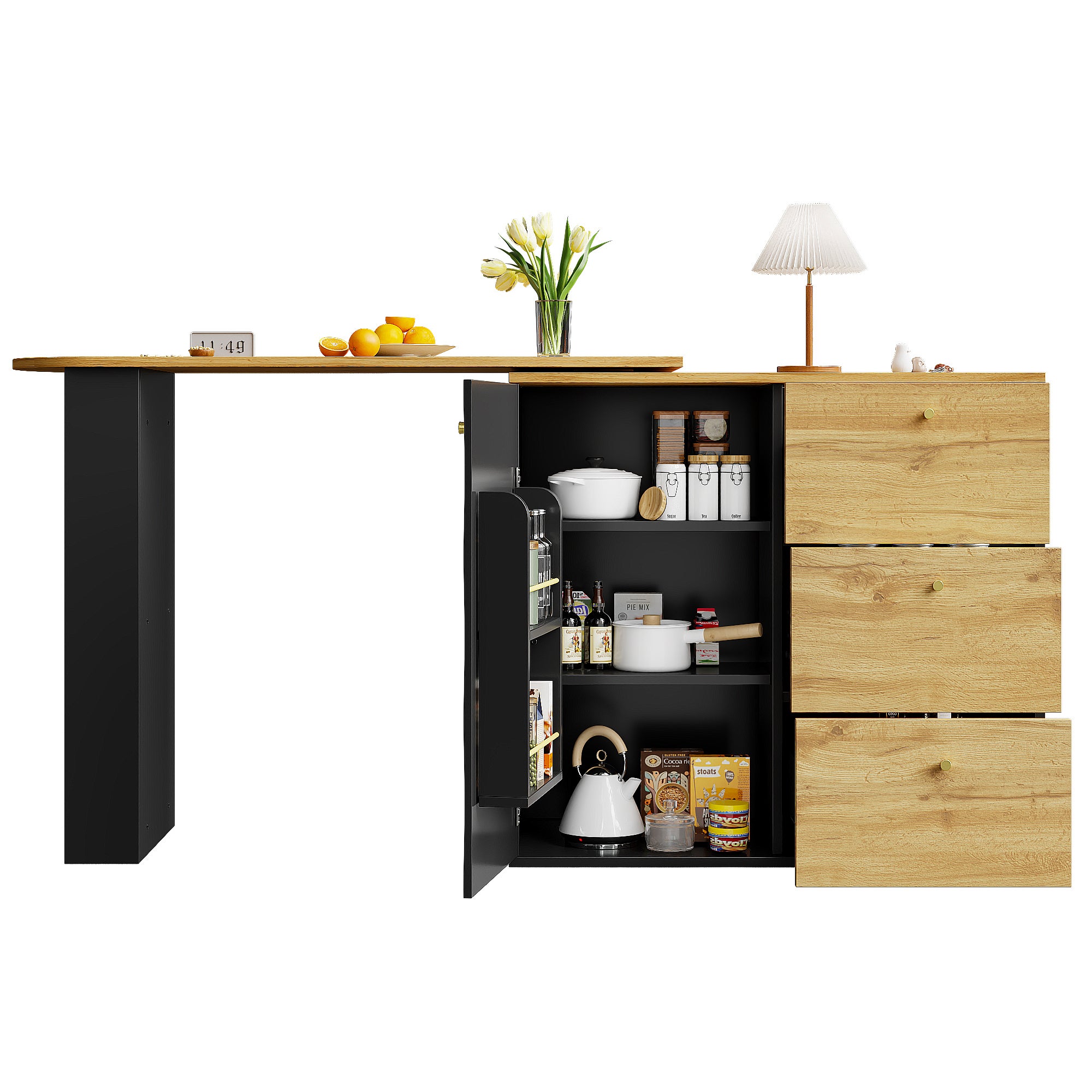 Meuble de bar pivotant 360° et escamotable - avec 3 tiroirs et 1 porte - étagères ouvertes - noir + naturel - 7