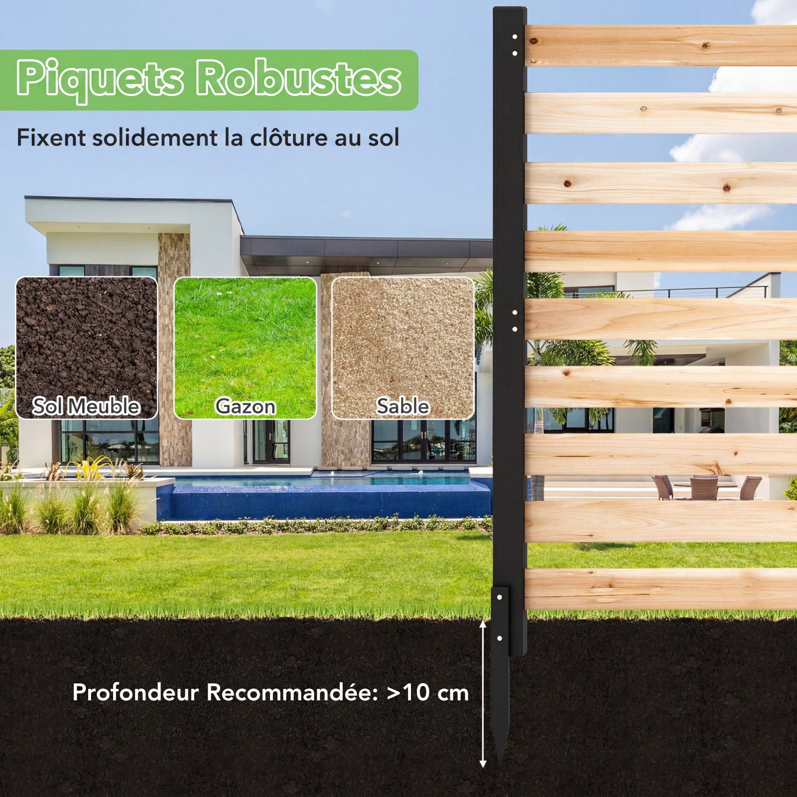 Clôture Jardin 2 Panneaux, Barriere Jardin à Lattes Modulable en Bois de Sapin avec Piquets, pour Poubelle, Climatiseur, 99x99x107CM, Naturel - 5
