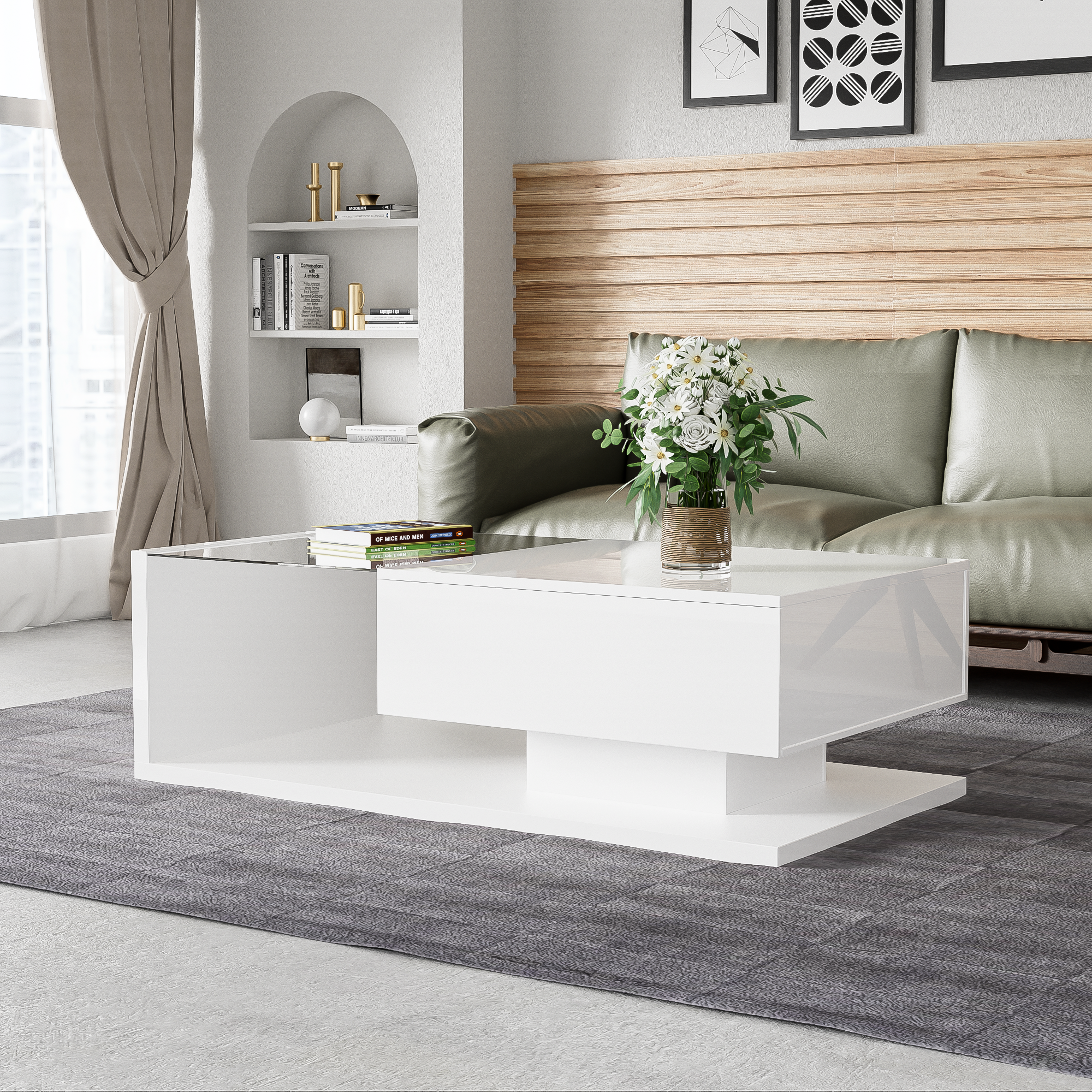 Table basse avec LED - en verre et panneaux de particules - Blanc - 3