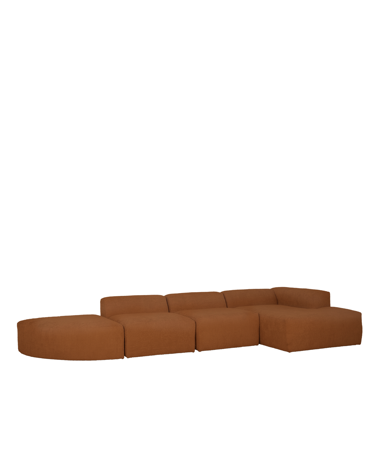 Sofá de 4 módulos curvo con chaise longue derecho bouclé cobre 410x70x172cm