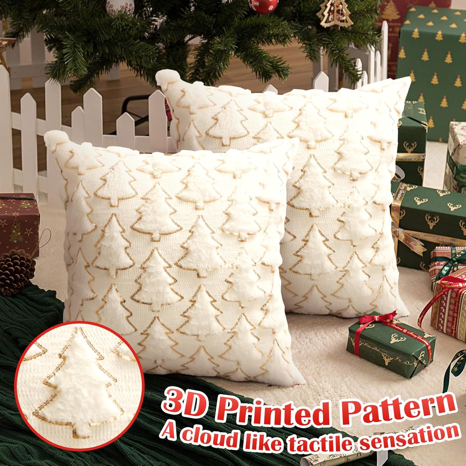Set Di 2 Federe Per Cuscini Natalizi 60x60 Cm - Albero Di Natale In Peluche Morbido - Decorazione Invernale Per Divano E Casa - Cerniera Nascosta