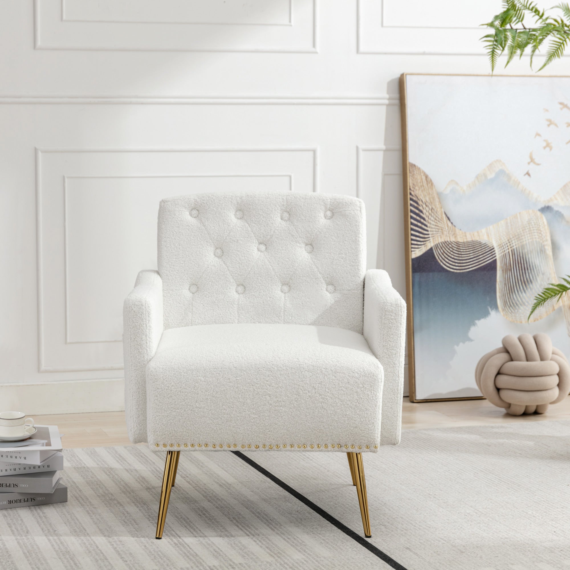 Fauteuil Relax Velours Teddy Beige - Fauteuil Salon Cocooning 1 Place Avec Coussins, Pieds Bois Massif, Pour Chambre Et Bureau