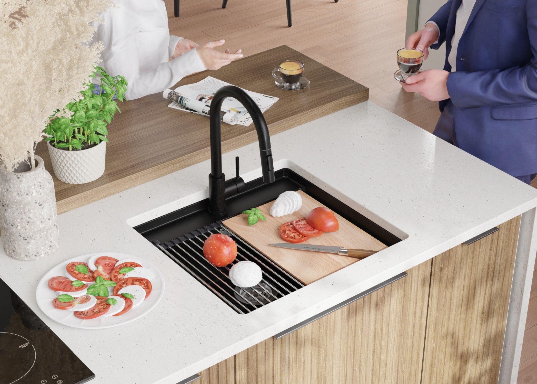 Lavandino sottotop Tutto Nero 56x53cm, Lavello in Granito a 1 vasca + Sifone Classico + Accessori, Lavabo da Cucina al mobile 60cm - Bergen PRIMAGRAN - 4