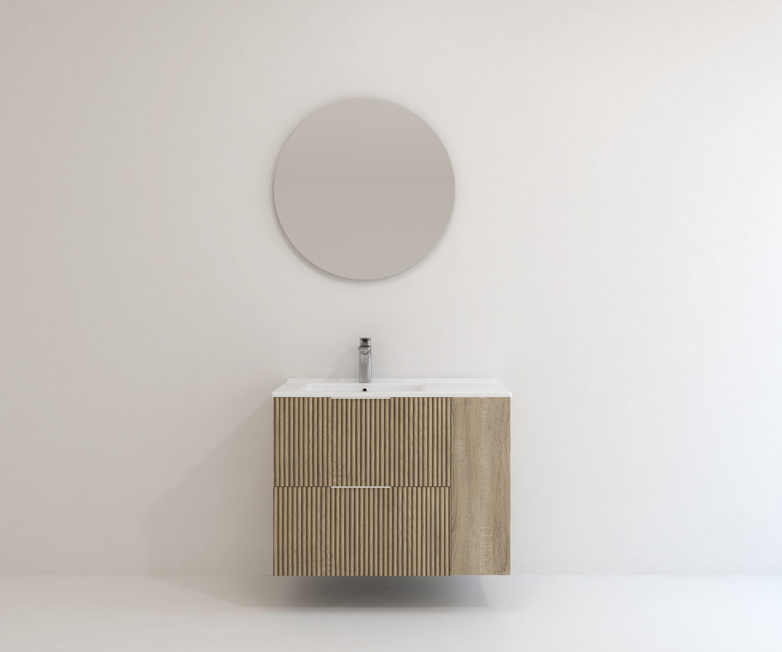 Meuble de salle de bain Mapau Pack avec lavabo et miroir circulaire BRIDAN deux tiroirs chêne Bardolino 80cm - 4