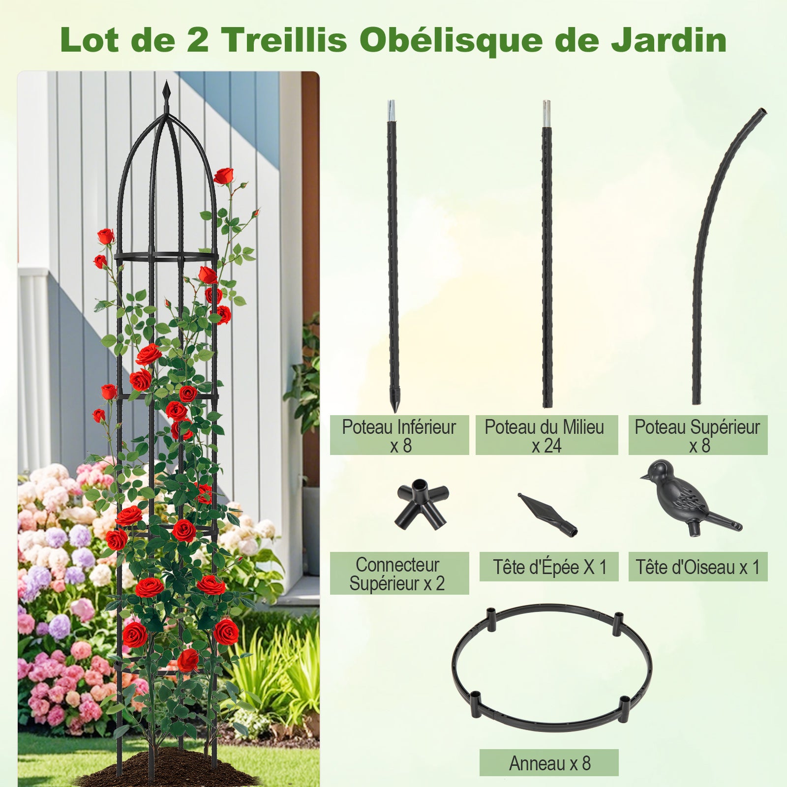 Lot de 2 Treillis Obélisque de Jardin Hauteur Réglable, Support pour Plantes Grimpantes en Métal Antirouille Mangeoire à Oiseaux, 30 x 197 CM - 4
