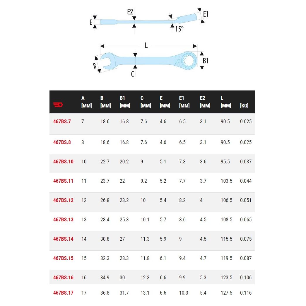 Clé mixte courte FACOM - À cliquet - Métrique - 13 x 108,5mm - 467BS.13 - 2