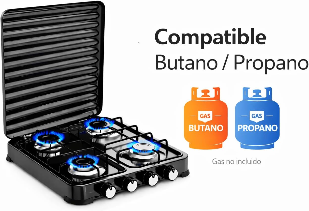Fogão a Gás Portátil 4 Bocas (4 Queimadores) 8,8 kW · Camping Exterior · Para Butano e Propano · Tampa rebatível · Chama regulável - 6
