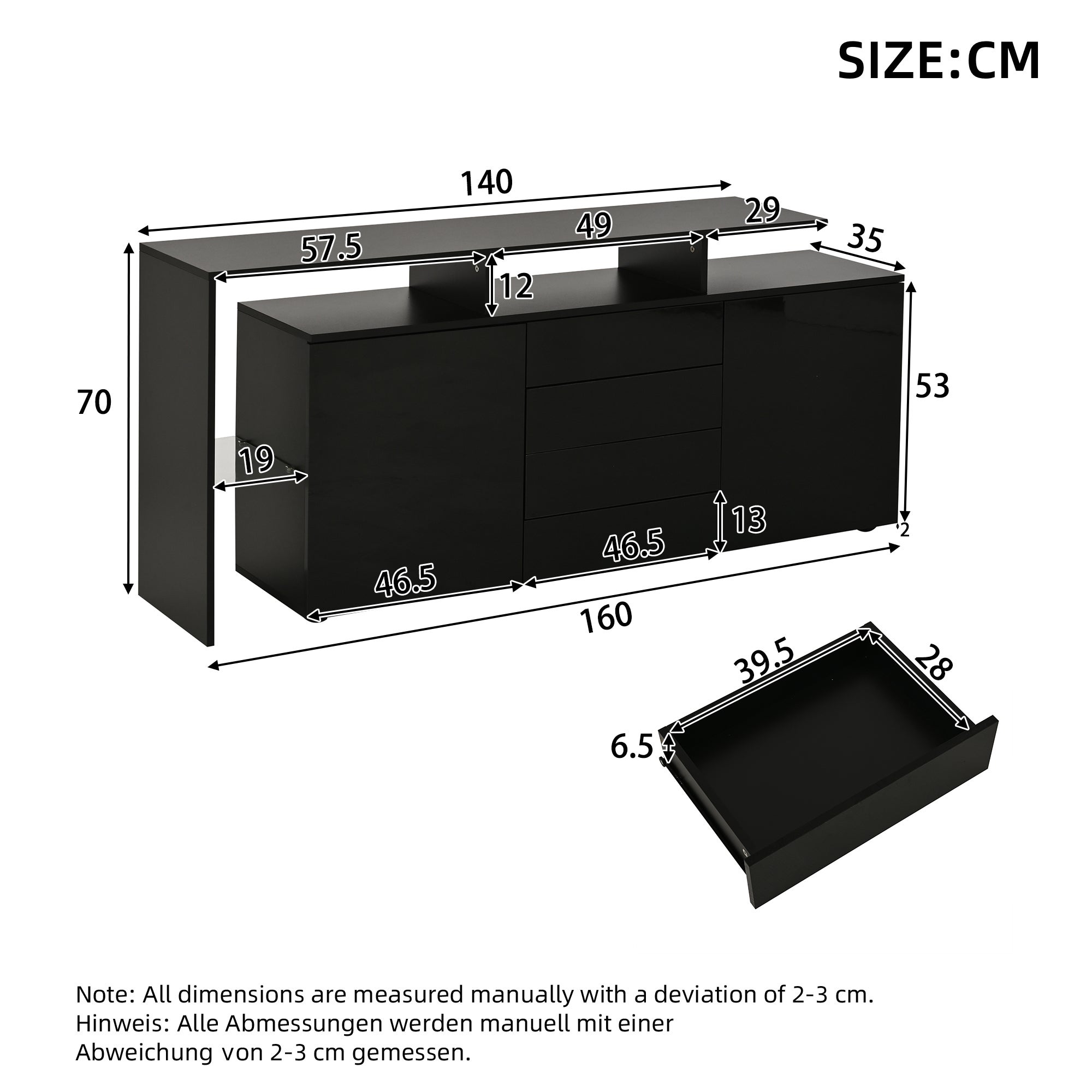 Buffet 160x35x70cm - z oświetleniem LED - 4 szuflady i 2 fronty - Błyszczące wykończenie - Płyty wiórowe - Czarny - 5