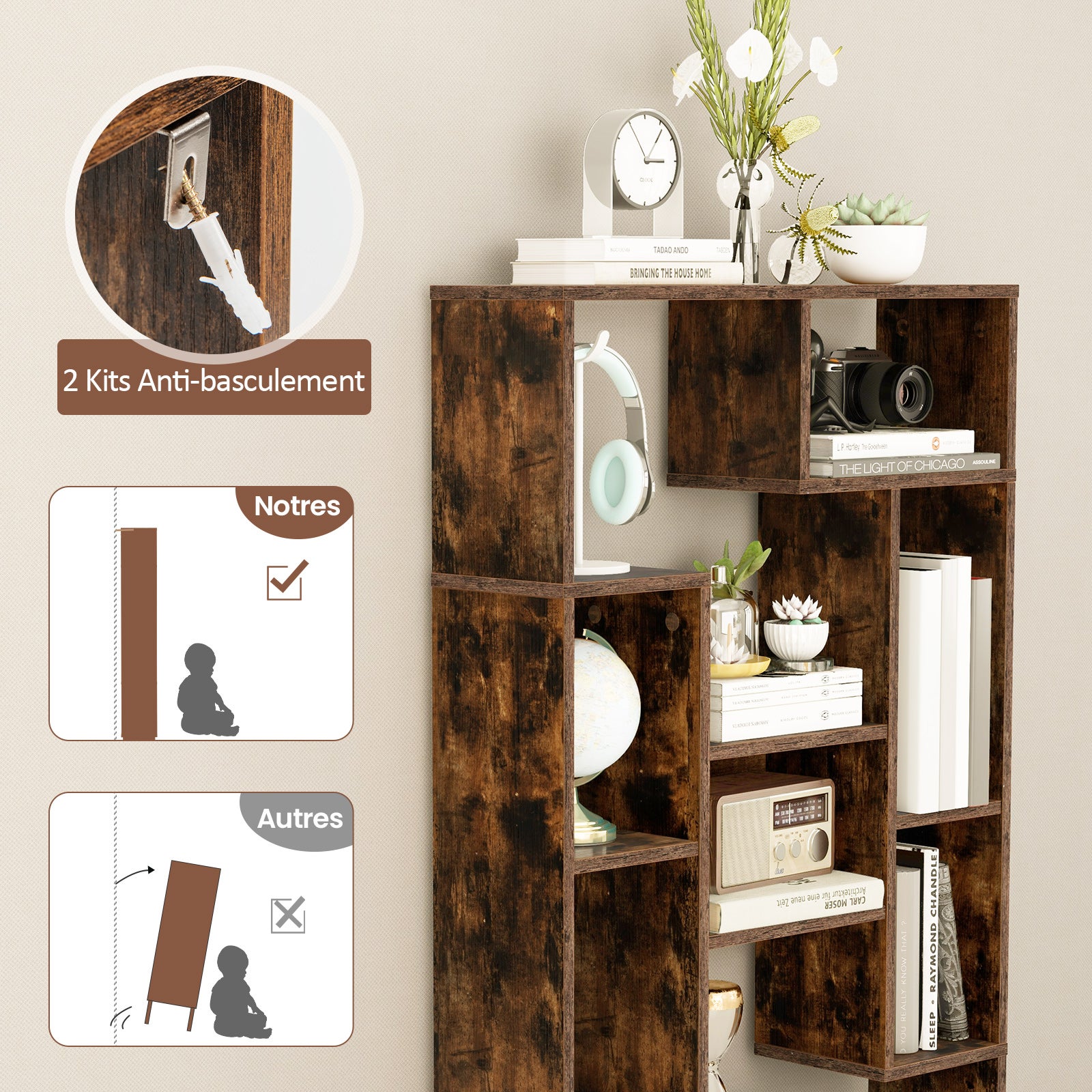 Bibliothèque Géométrique de 120 cm, Etagères Ouvertes, Etagère de Rangement Autoportante avec Kits anti-basculement, pour Bureau, Salon, Marron - 3
