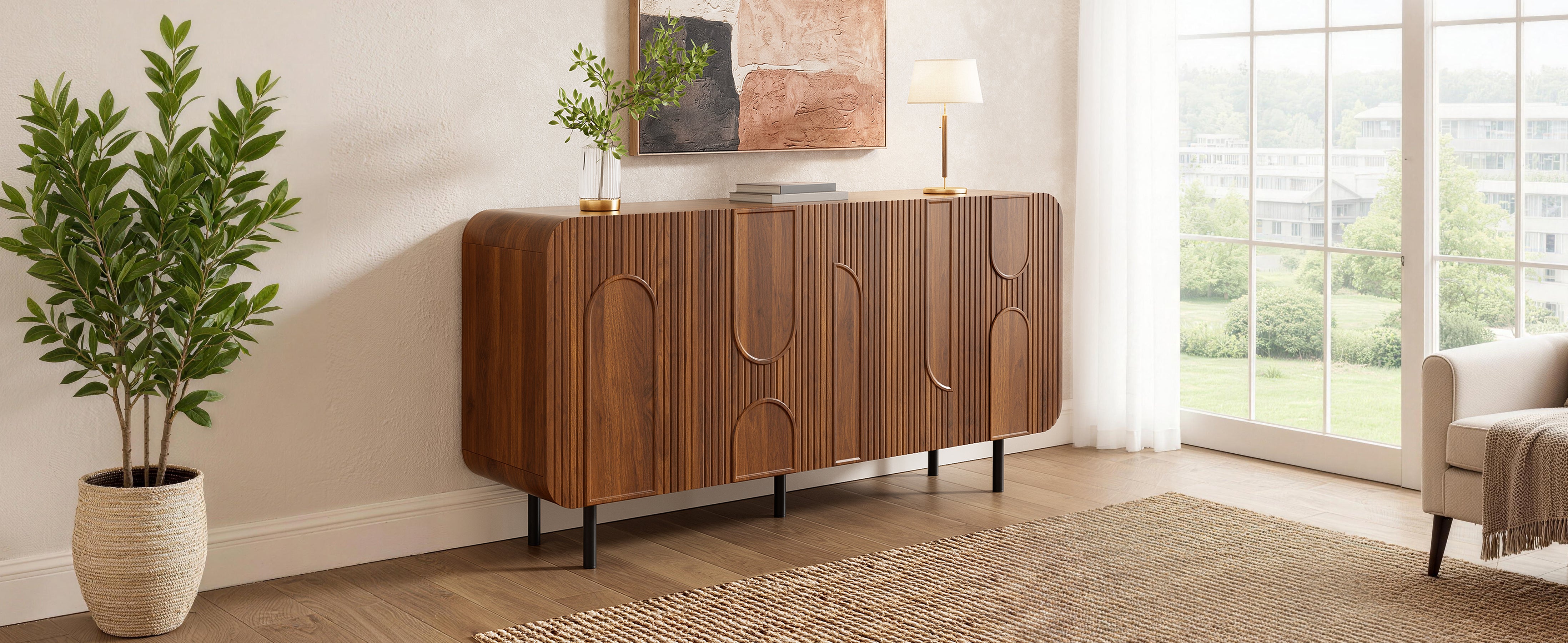 Buffet avec 4 portes et étagères réglables - 160 x 40 x 79 cm - MDF et panneaux de particules - Pieds en métal - Design mid-century - Noyer - 6