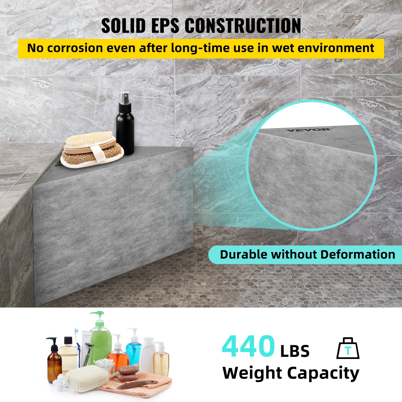 Banc de Douche Pret a Carreler VEVOR 57x40x50 cm Siege deAngle Etanche Composite EPS Repose-Pied Prefabrique Douche Italienne Triangulaire Charge 200 - 3