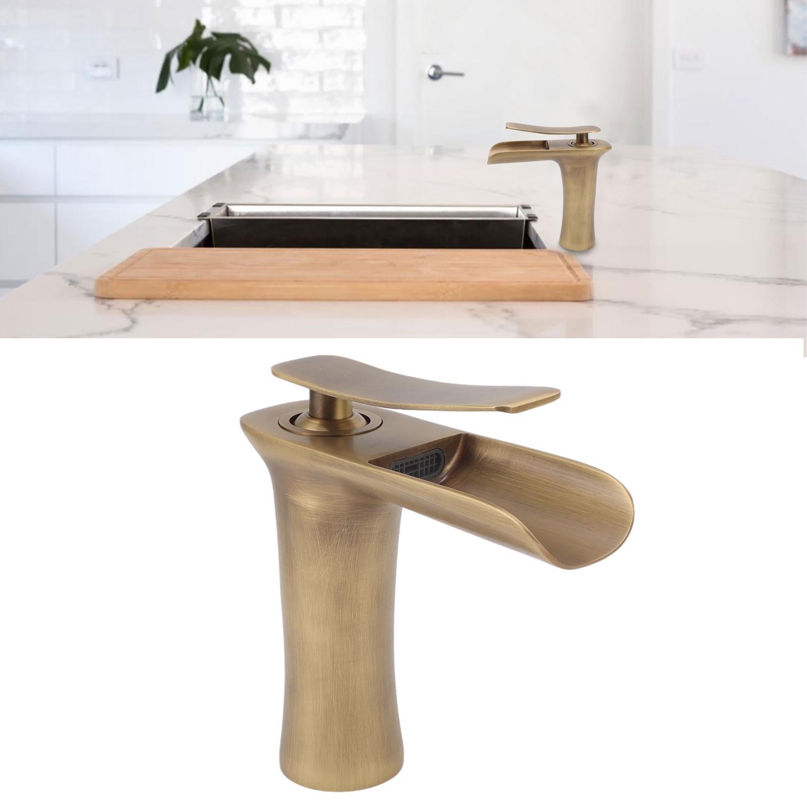 Robinet de lavabo de salle de bains, cascade en laiton Antique à portée unique, mitigeur de lavabo sous comptoir pour eau froide et chaude - 7